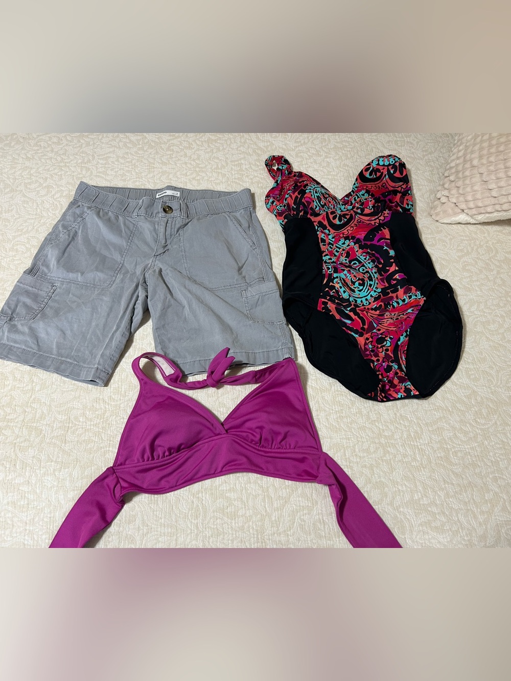 Sonoma Gray Cargo Shorts , Aqua Green 1 piece bathing suit, Merona triangle top